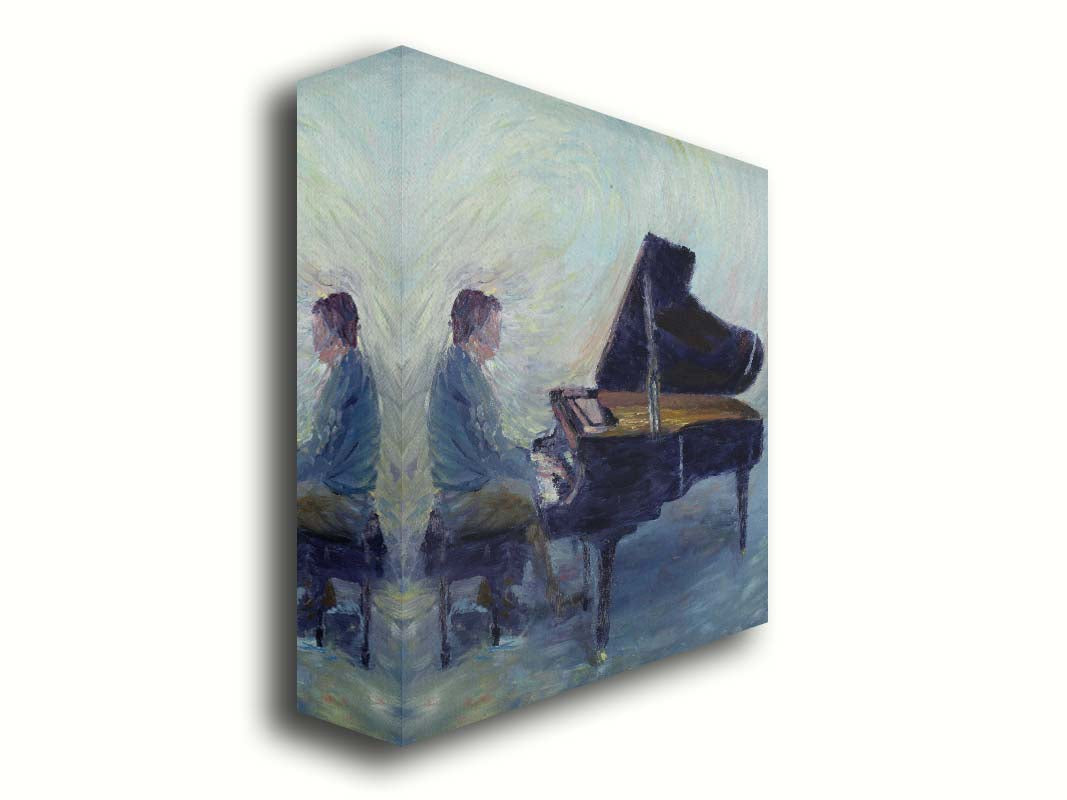 A painting of a person sitting and playing piano. Printed on canvas.