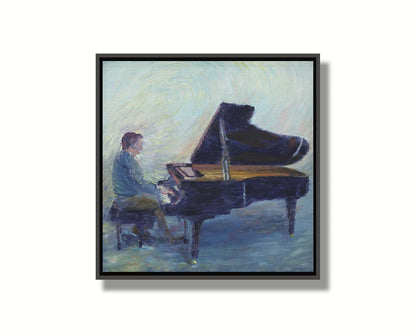 A painting of a person sitting and playing piano. Printed on canvas in a float frame.