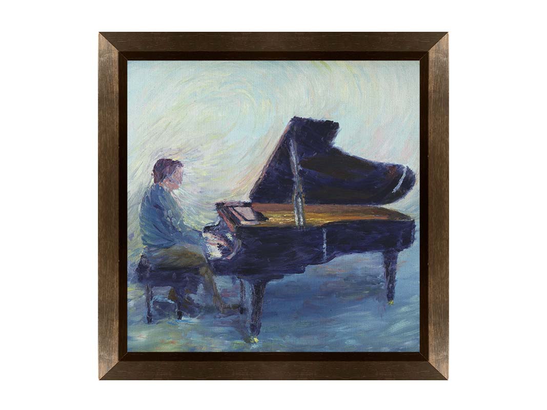 A painting of a person sitting and playing piano. Printed on canvas and framed.