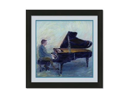 A painting of a person sitting and playing piano. Printed on paper, matted, and framed.