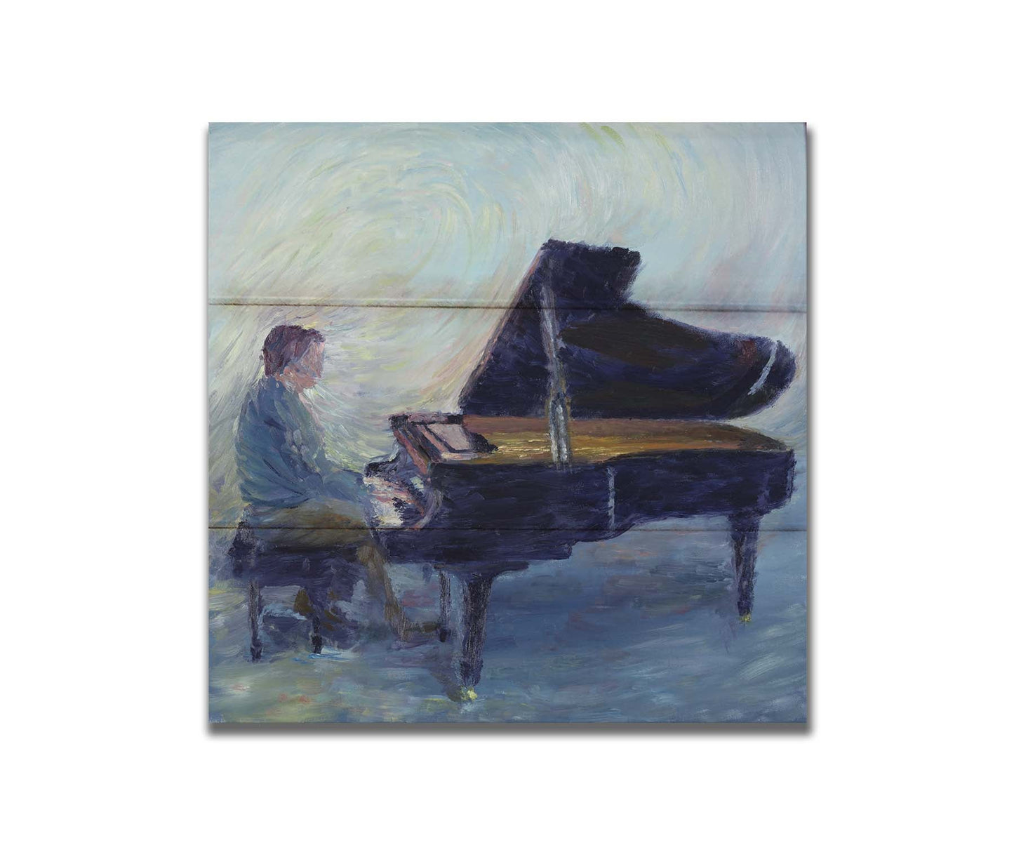 A painting of a person sitting and playing piano. Printed on a box board.