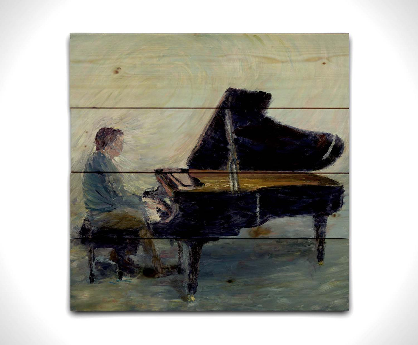 A painting of a person sitting and playing piano. Printed on a wood pallet.