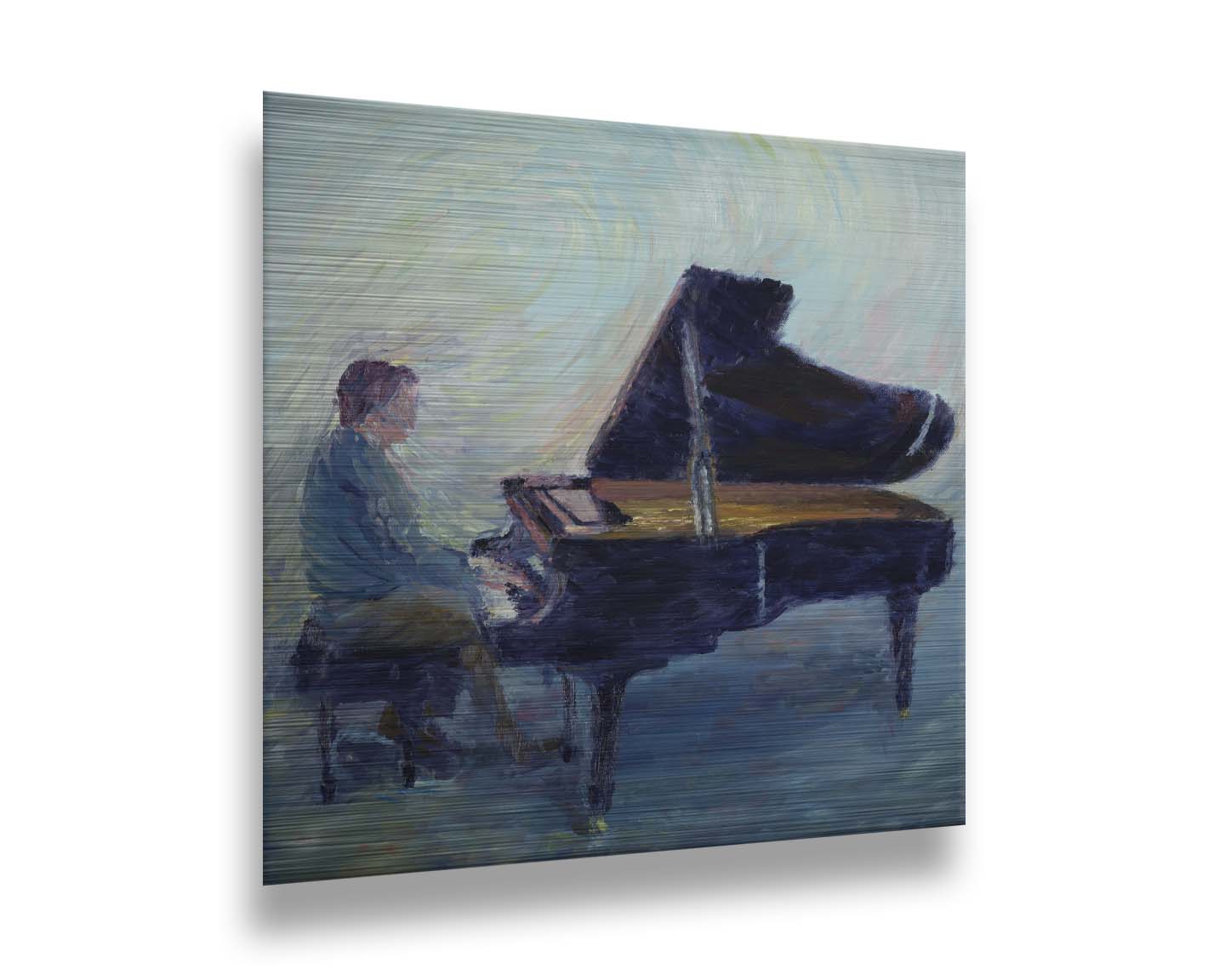 A painting of a person sitting and playing piano. Printed on metal.