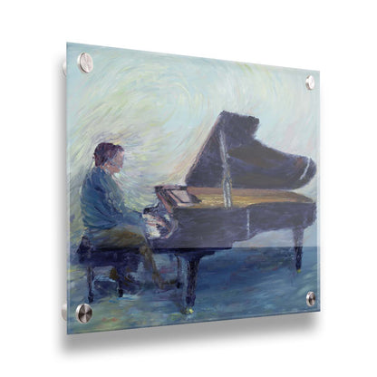 A painting of a person sitting and playing piano. Printed on acrylic.