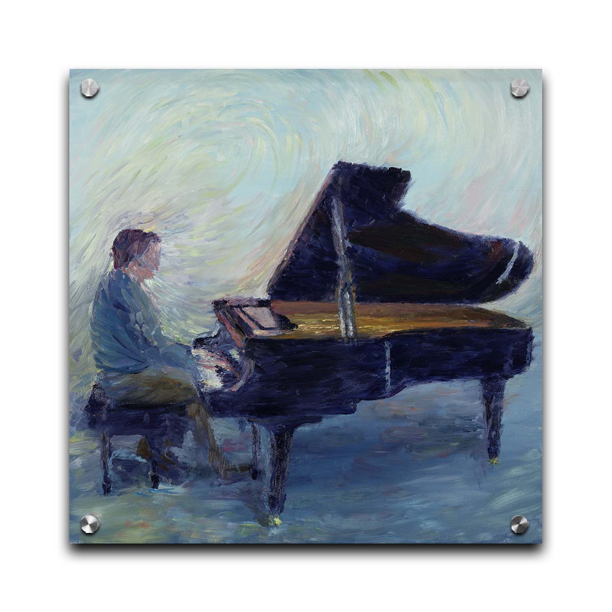 A painting of a person sitting and playing piano. Printed on acrylic.