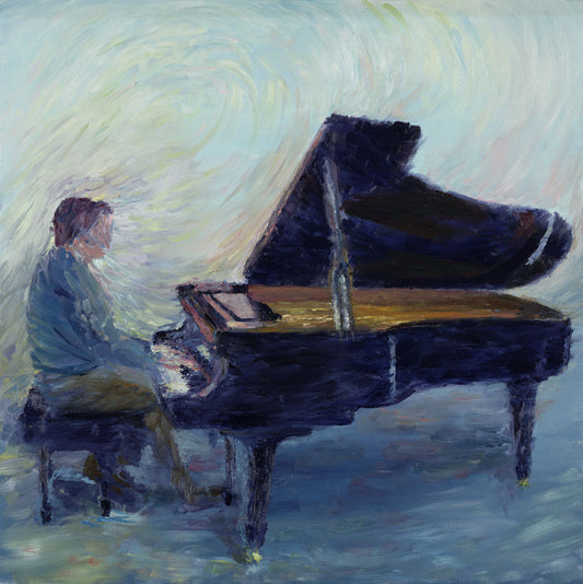 A painting of a person sitting and playing piano.