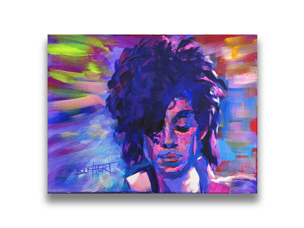 A painting of legendary musician Prince, painted in arbitrary color with visible brushstrokes. Printed on canvas.