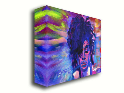 A painting of legendary musician Prince, painted in arbitrary color with visible brushstrokes. Printed on canvas.