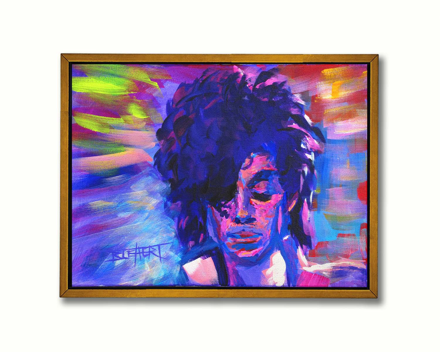 A painting of legendary musician Prince, painted in arbitrary color with visible brushstrokes. Printed on canvas in a float frame.