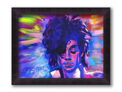 A painting of legendary musician Prince, painted in arbitrary color with visible brushstrokes. Printed on canvas and framed.