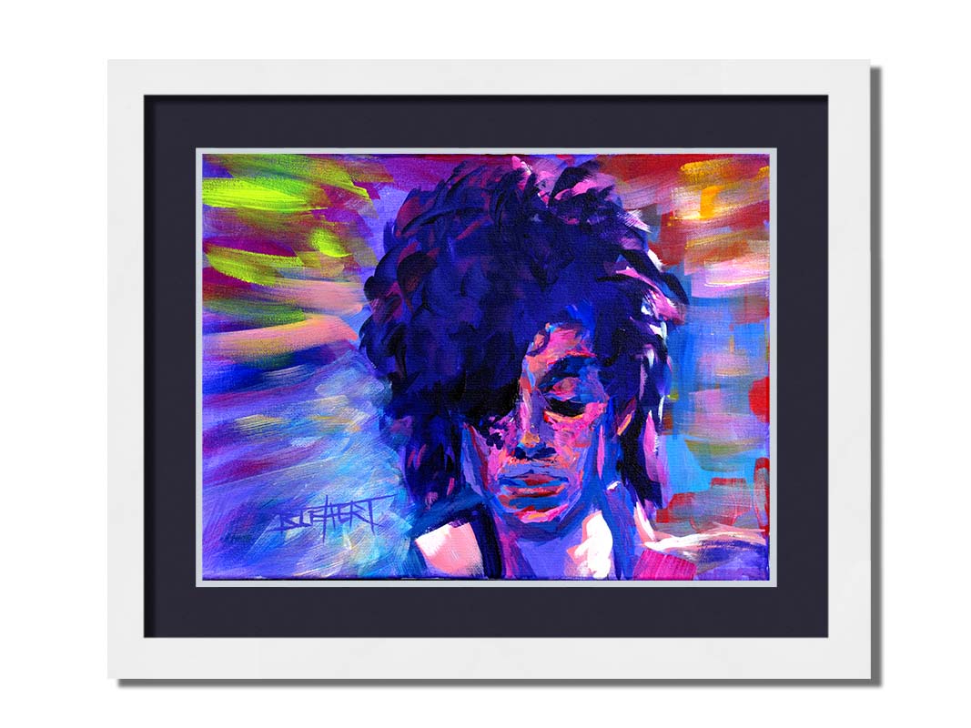 A painting of legendary musician Prince, painted in arbitrary color with visible brushstrokes. Printed on paper, matted, and framed.