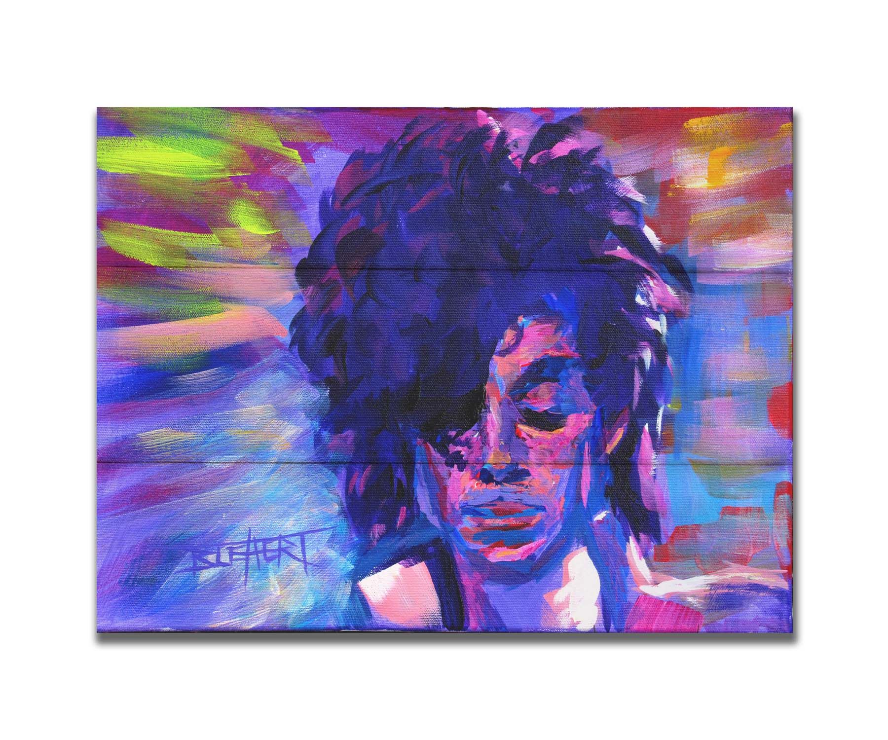 A painting of legendary musician Prince, painted in arbitrary color with visible brushstrokes. Printed on a box board.