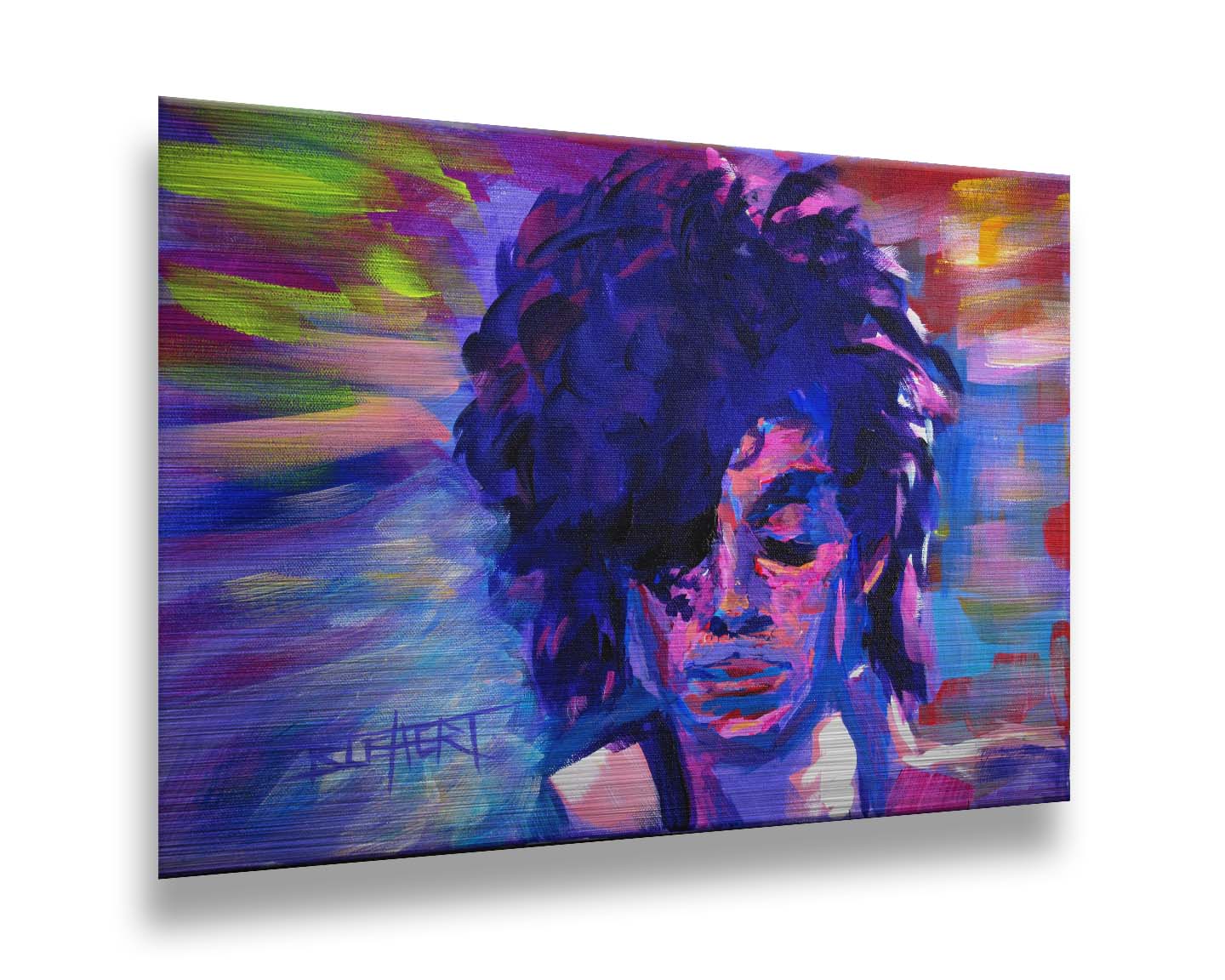 A painting of legendary musician Prince, painted in arbitrary color with visible brushstrokes. Printed on metal.