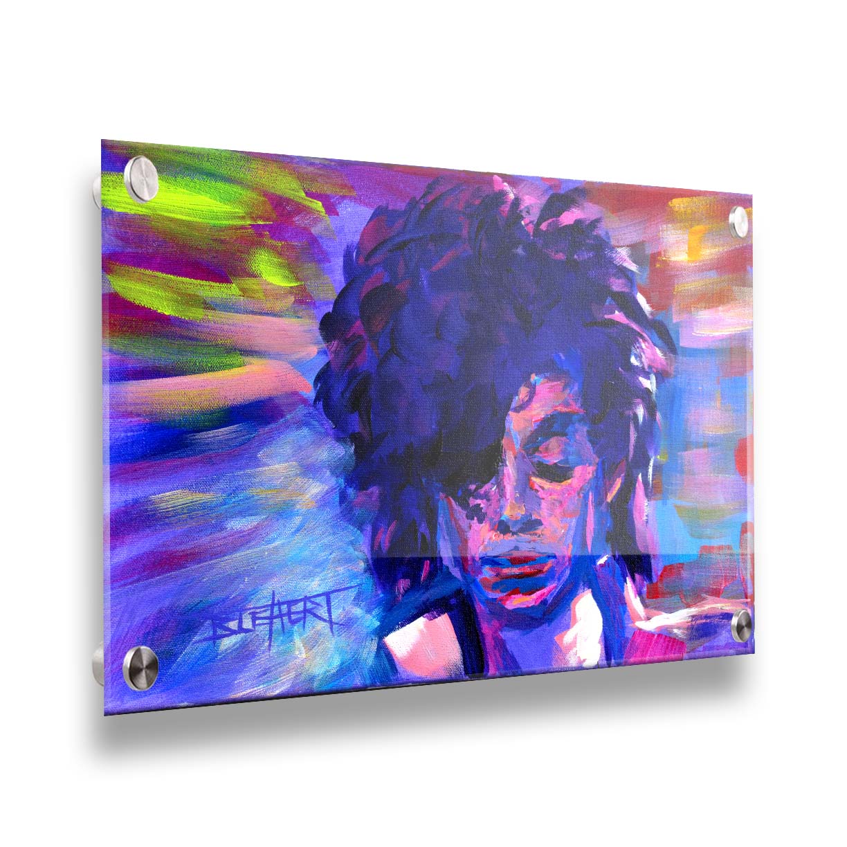 A painting of legendary musician Prince, painted in arbitrary color with visible brushstrokes. Printed on acrylic.