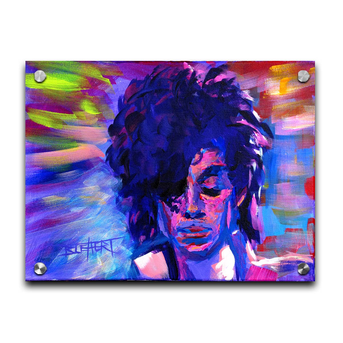 A painting of legendary musician Prince, painted in arbitrary color with visible brushstrokes. Printed on acrylic.