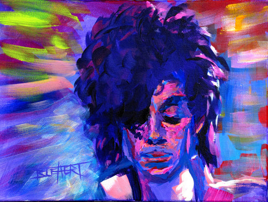 A painting of legendary musician Prince, painted in arbitrary color with visible brushstrokes.