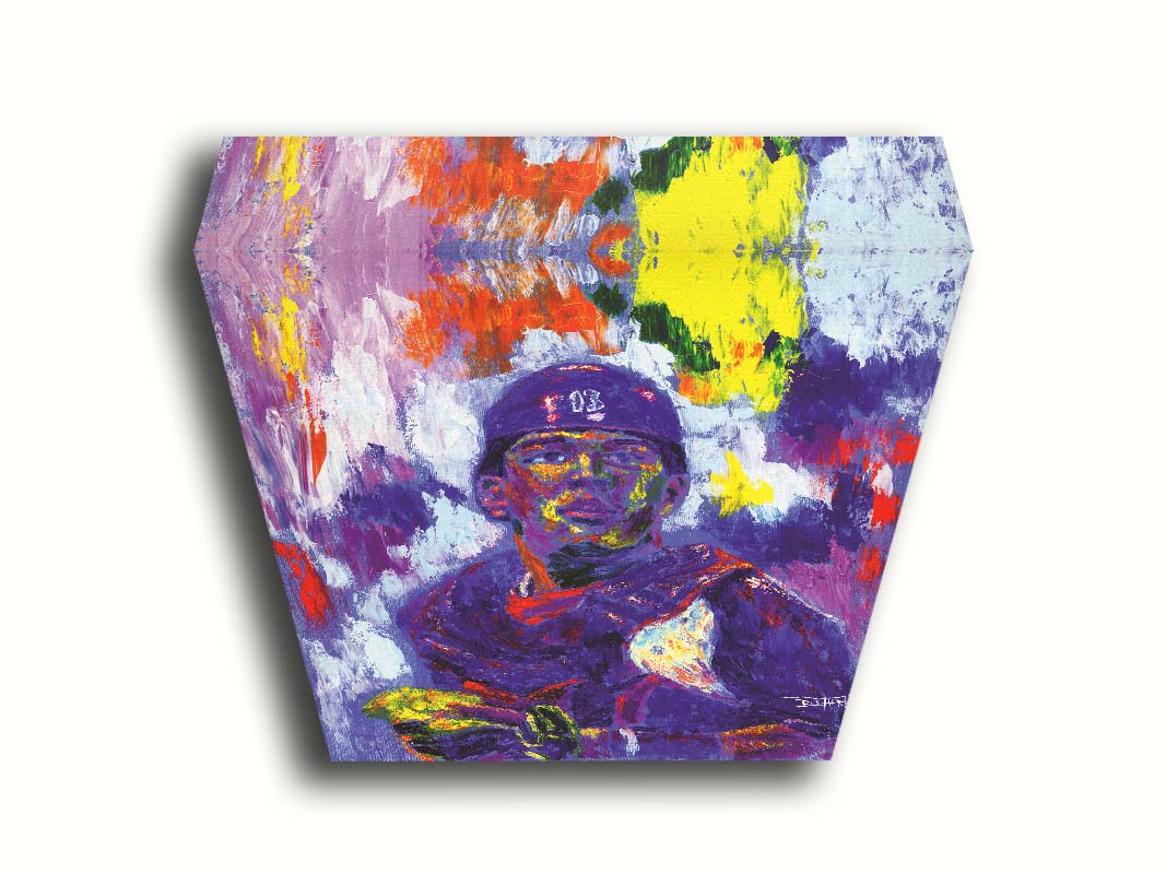 A painting of Salvador Johan PÃ©rez DÃ­az of the Kansas City Royals baseball team, painted in a purple, red, yellow, and white palette. Printed on canvas.