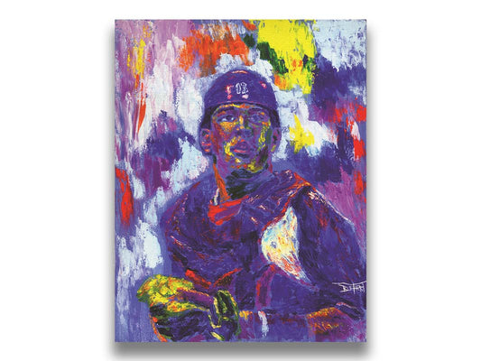 A painting of Salvador Johan PÃ©rez DÃ­az of the Kansas City Royals baseball team, painted in a purple, red, yellow, and white palette. Printed on canvas.