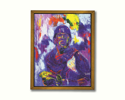 A painting of Salvador Johan PÃ©rez DÃ­az of the Kansas City Royals baseball team, painted in a purple, red, yellow, and white palette. Printed on canvas in a float frame.