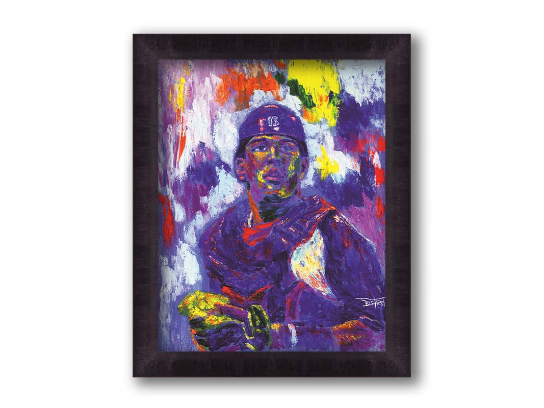 A painting of Salvador Johan PÃ©rez DÃ­az of the Kansas City Royals baseball team, painted in a purple, red, yellow, and white palette. Printed on canvas and framed.