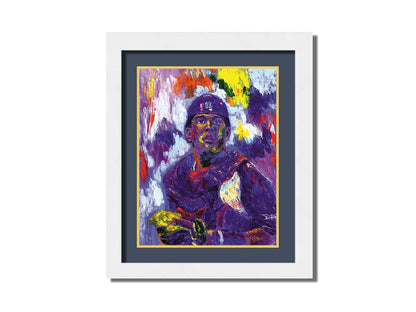 A painting of Salvador Johan PÃ©rez DÃ­az of the Kansas City Royals baseball team, painted in a purple, red, yellow, and white palette. Printed on paper, matted, and framed.