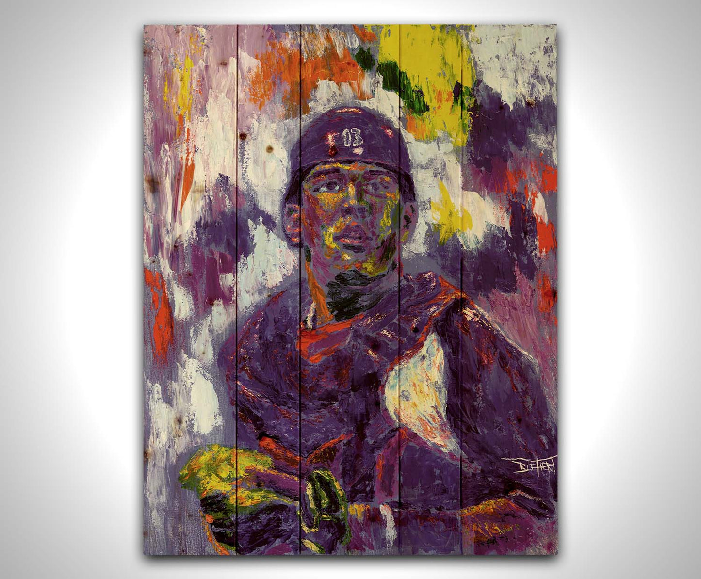 A painting of Salvador Johan PÃ©rez DÃ­az of the Kansas City Royals baseball team, painted in a purple, red, yellow, and white palette. Printed on a wood pallet.