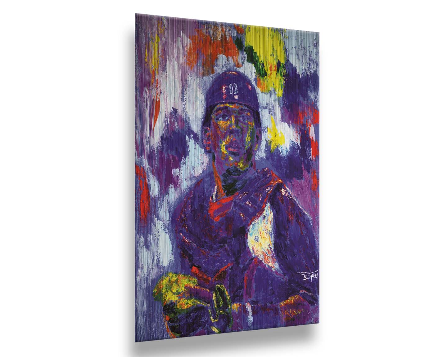 A painting of Salvador Johan PÃ©rez DÃ­az of the Kansas City Royals baseball team, painted in a purple, red, yellow, and white palette. Printed on metal.