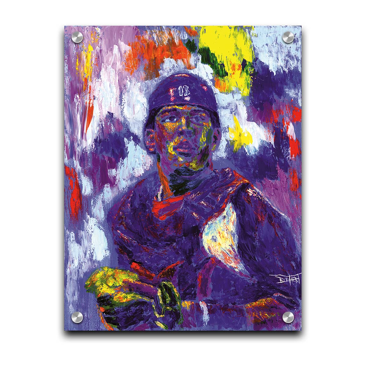 A painting of Salvador Johan PÃ©rez DÃ­az of the Kansas City Royals baseball team, painted in a purple, red, yellow, and white palette. Printed on acrylic.