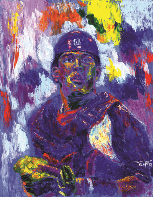A painting of Salvador Johan Pérez Díazof of the Kansas City Royals baseball team, painted in a purple, red, yellow, and white palette.