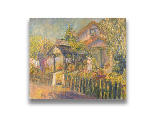 A painting of The Weed Lady florals and landscaping store. The road passes a fenced garden, with the store sign above a covered path. a variety of trees, bushes, and flowers are being gardened in the yard of the building. Printed on canvas.