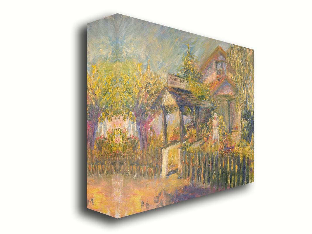 A painting of The Weed Lady florals and landscaping store. The road passes a fenced garden, with the store sign above a covered path. a variety of trees, bushes, and flowers are being gardened in the yard of the building. Printed on canvas.