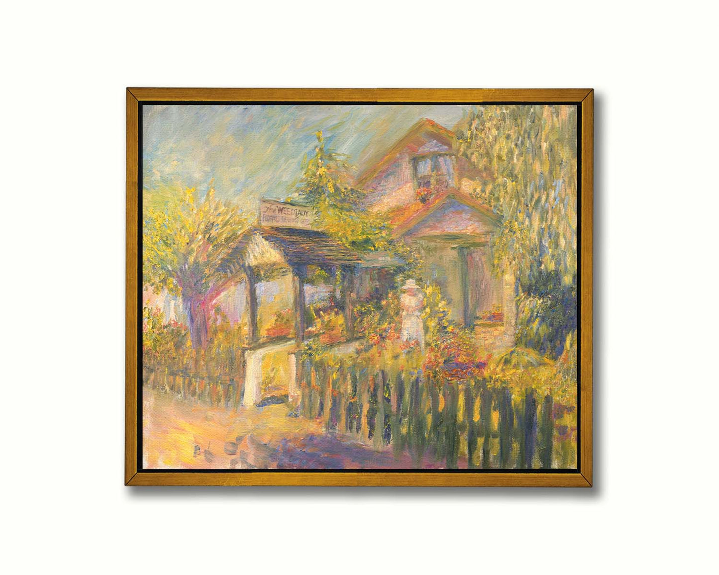 A painting of The Weed Lady florals and landscaping store. The road passes a fenced garden, with the store sign above a covered path. a variety of trees, bushes, and flowers are being gardened in the yard of the building. Printed on canvas in a float frame.