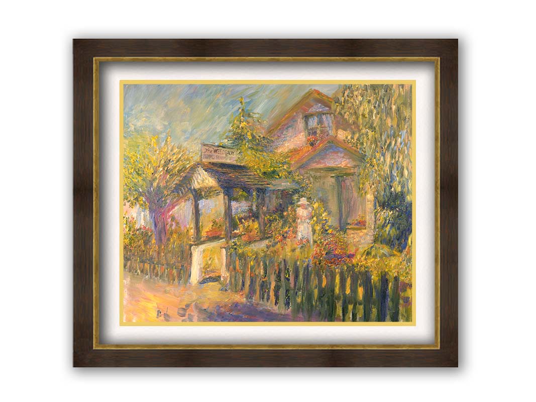 A painting of The Weed Lady florals and landscaping store. The road passes a fenced garden, with the store sign above a covered path. a variety of trees, bushes, and flowers are being gardened in the yard of the building. Printed on paper, matted, and framed.