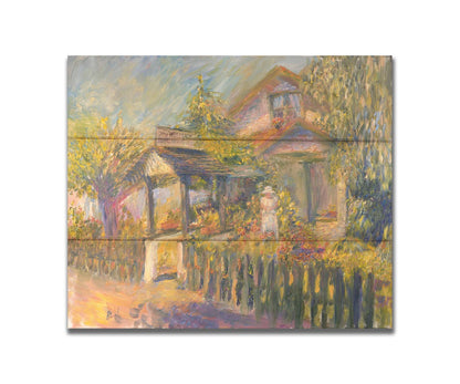 A painting of The Weed Lady florals and landscaping store. The road passes a fenced garden, with the store sign above a covered path. a variety of trees, bushes, and flowers are being gardened in the yard of the building. Printed on a box board.