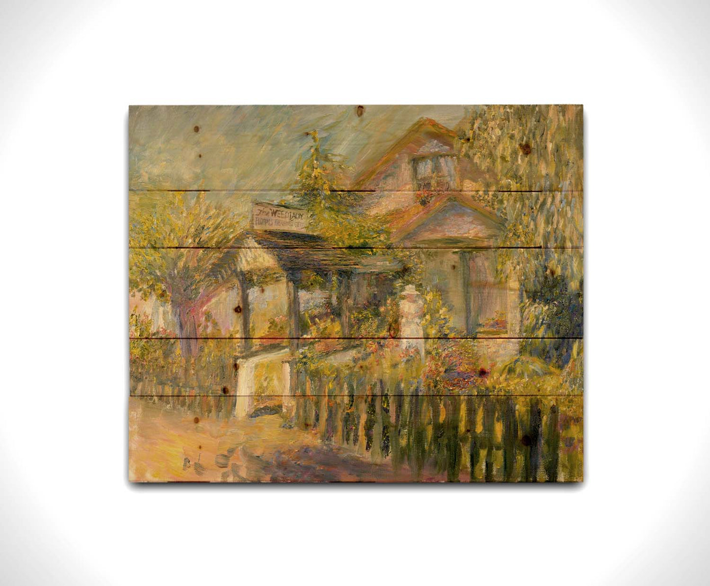 A painting of The Weed Lady florals and landscaping store. The road passes a fenced garden, with the store sign above a covered path. a variety of trees, bushes, and flowers are being gardened in the yard of the building. Printed on a wood pallet.