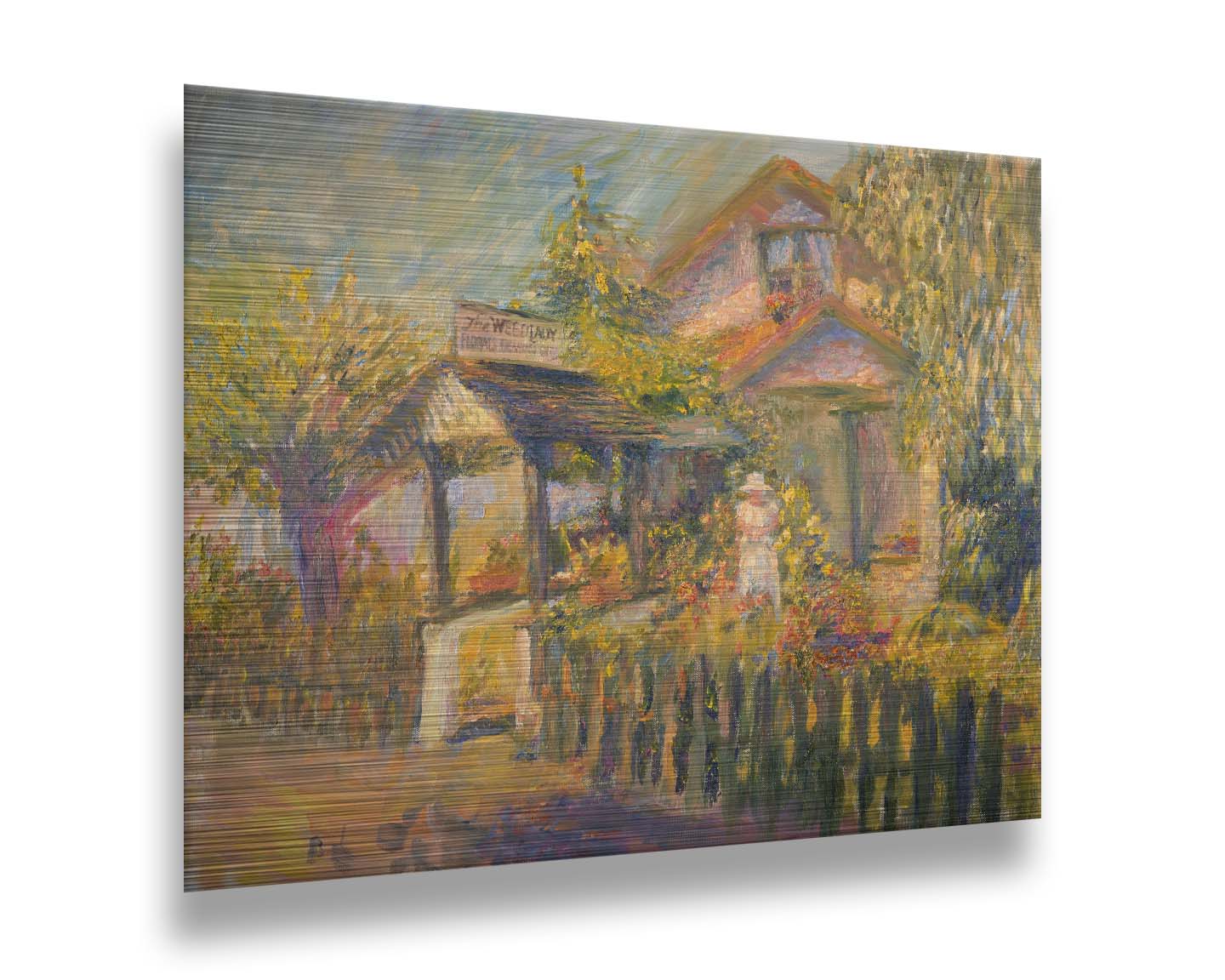 A painting of The Weed Lady florals and landscaping store. The road passes a fenced garden, with the store sign above a covered path. a variety of trees, bushes, and flowers are being gardened in the yard of the building. Printed on metal.