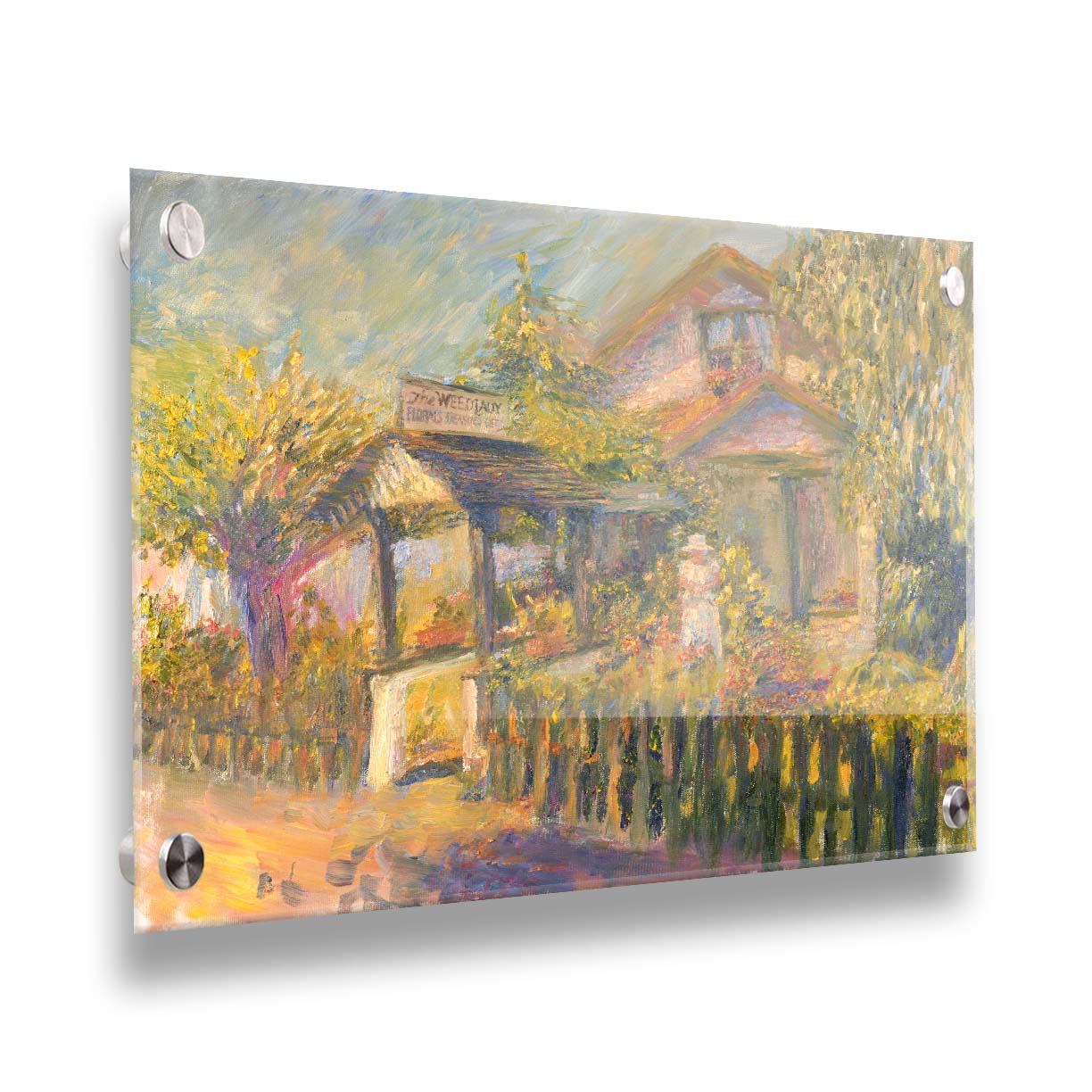 A painting of The Weed Lady florals and landscaping store. The road passes a fenced garden, with the store sign above a covered path. a variety of trees, bushes, and flowers are being gardened in the yard of the building. Printed on acrylic.