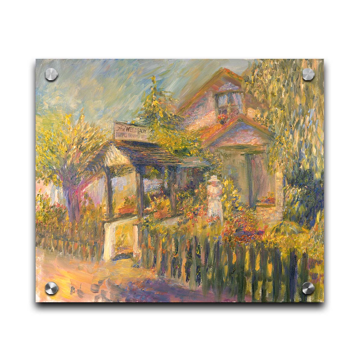 A painting of The Weed Lady florals and landscaping store. The road passes a fenced garden, with the store sign above a covered path. a variety of trees, bushes, and flowers are being gardened in the yard of the building. Printed on acrylic.