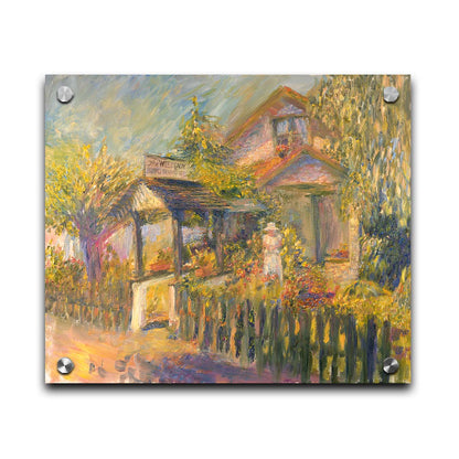 A painting of The Weed Lady florals and landscaping store. The road passes a fenced garden, with the store sign above a covered path. a variety of trees, bushes, and flowers are being gardened in the yard of the building. Printed on acrylic.