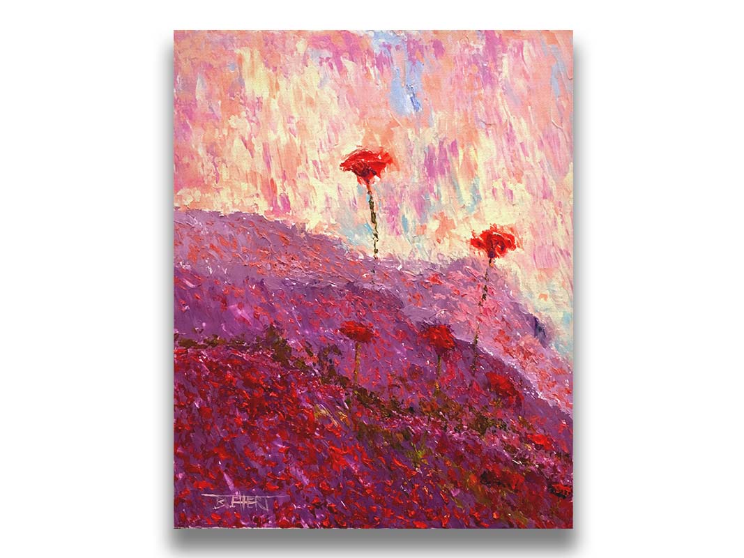 A painting of a field of poppies, hills covered in pink and red blooms. Printed on canvas.