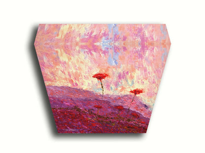 A painting of a field of poppies, hills covered in pink and red blooms. Printed on canvas.