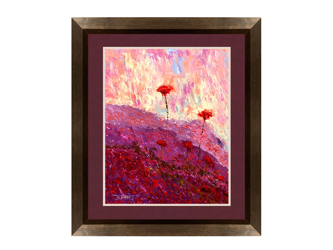 A painting of a field of poppies, hills covered in pink and red blooms. Printed on paper, matted, and framed.