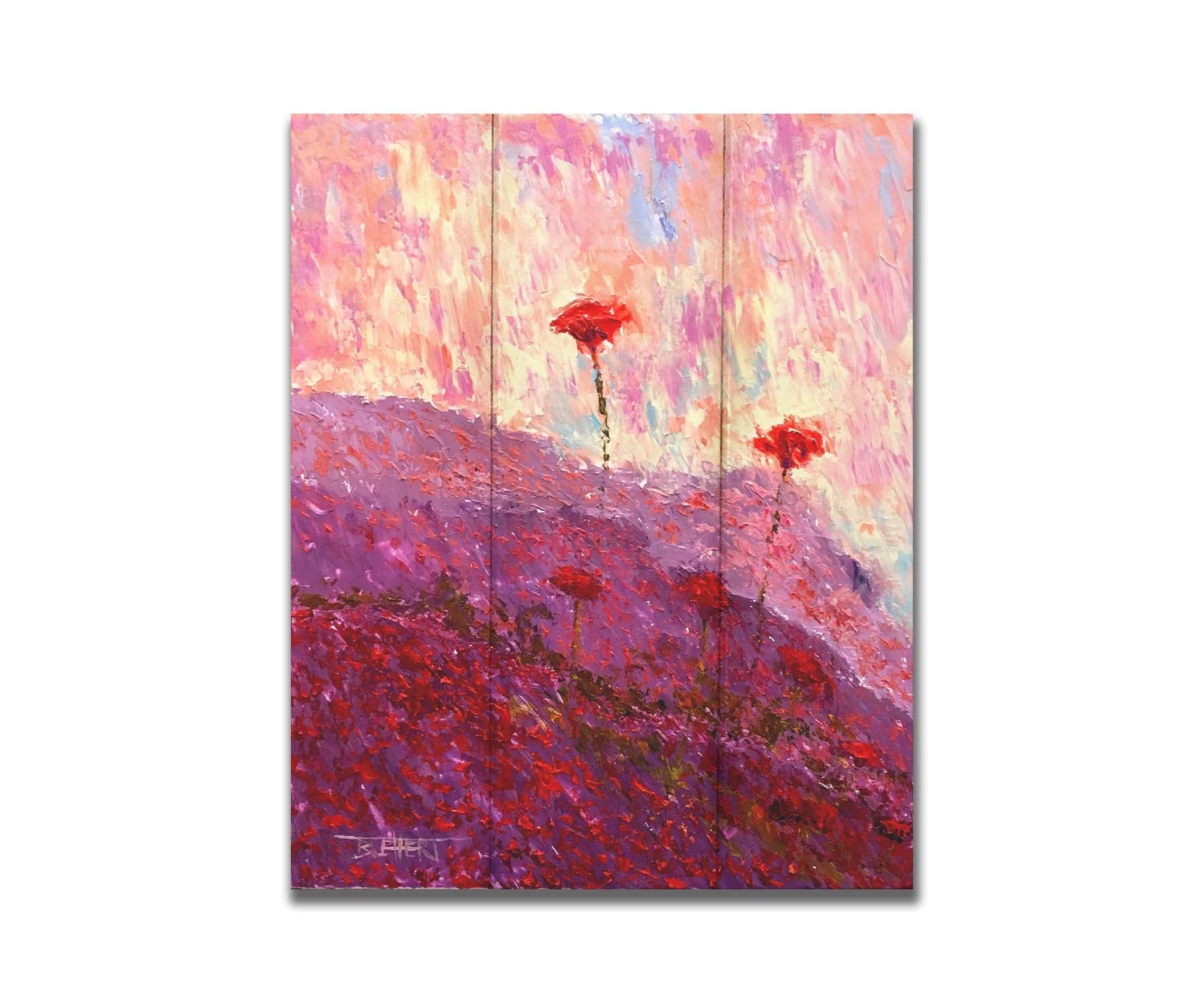 A painting of a field of poppies, hills covered in pink and red blooms. Printed on a box board.