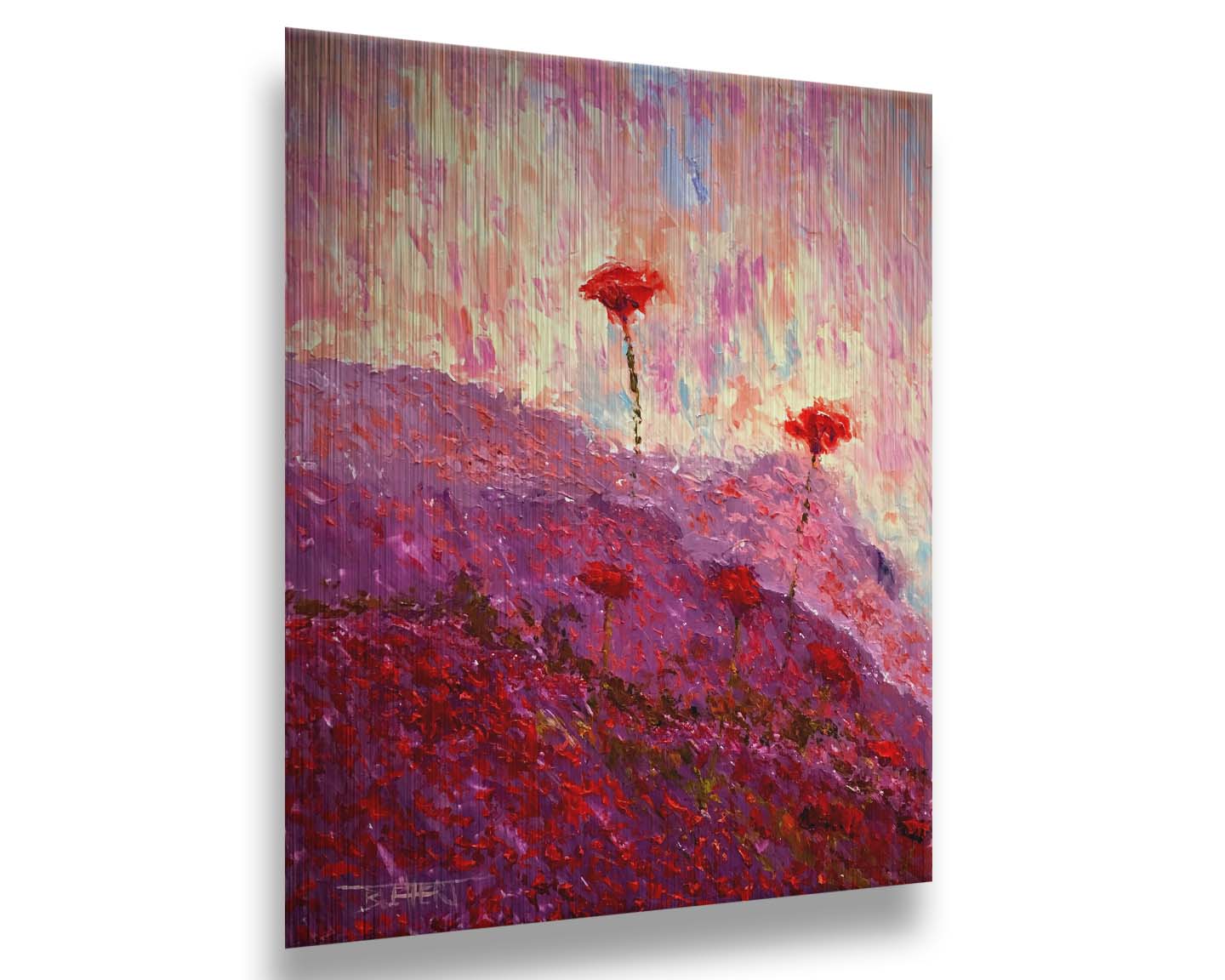 A painting of a field of poppies, hills covered in pink and red blooms. Printed on metal.