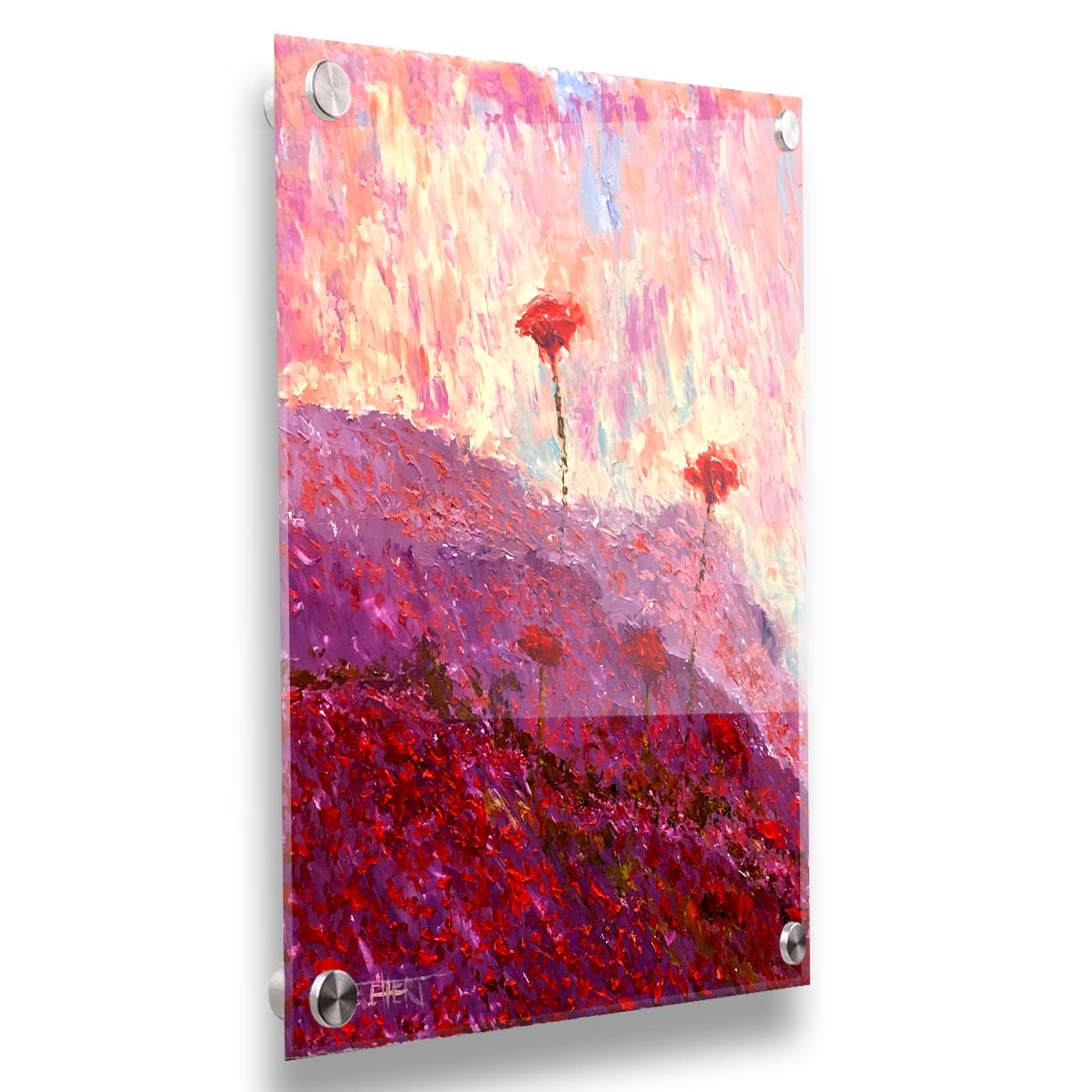 A painting of a field of poppies, hills covered in pink and red blooms. Printed on acrylic.