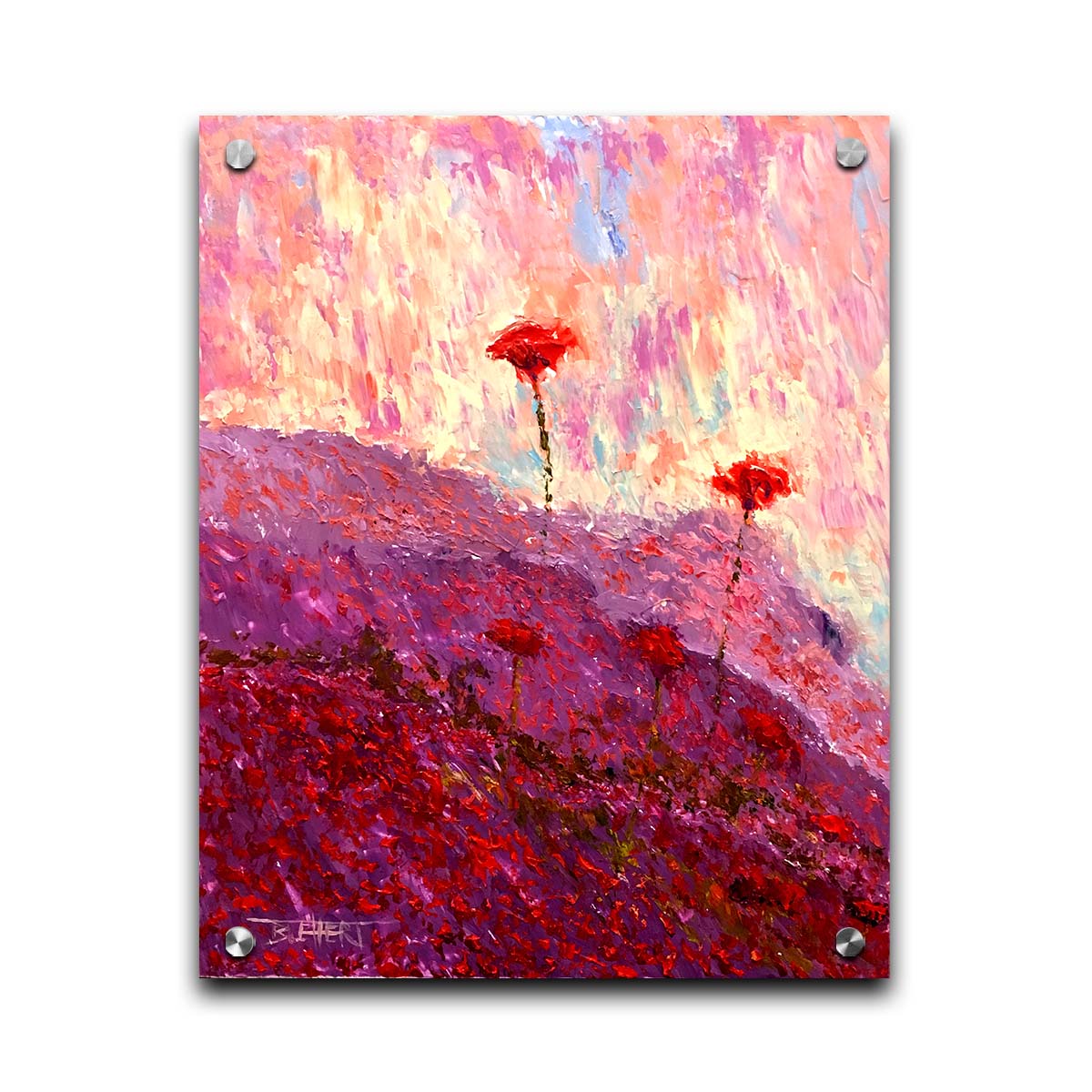 A painting of a field of poppies, hills covered in pink and red blooms. Printed on acrylic.