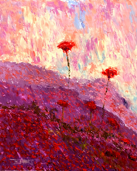 A painting of a field of poppies, hills covered in pink and red blooms.