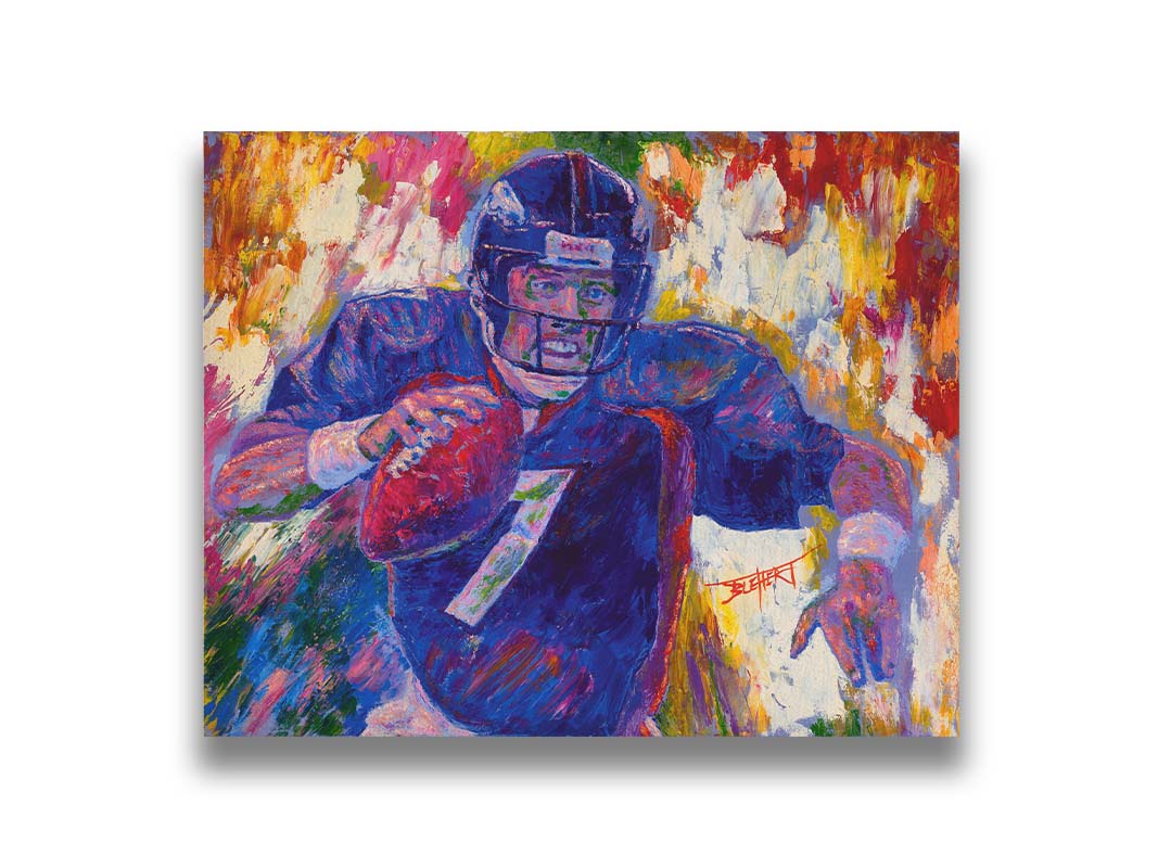 A painting of John Elway running a football as part of the Denver Broncos. Printed on canvas.