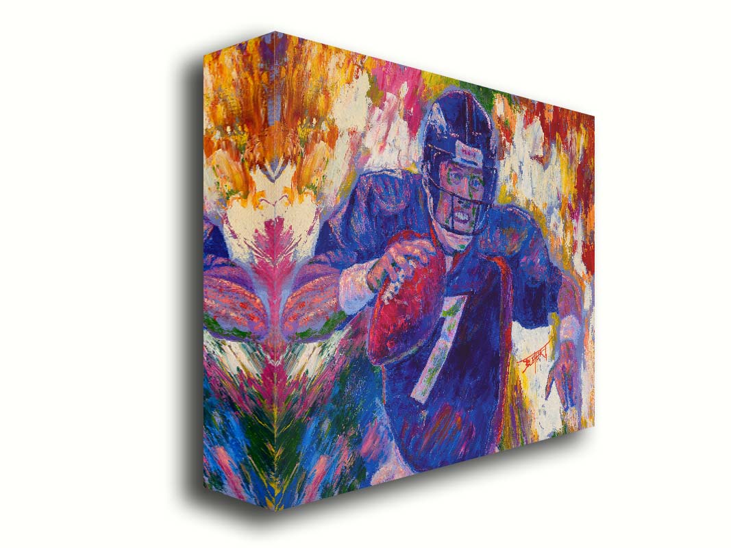 A painting of John Elway running a football as part of the Denver Broncos. Printed on canvas.