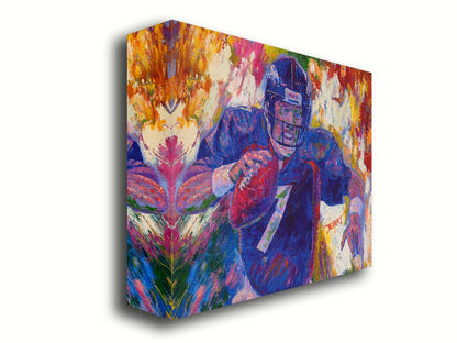 A painting of John Elway running a football as part of the Denver Broncos. Printed on canvas.